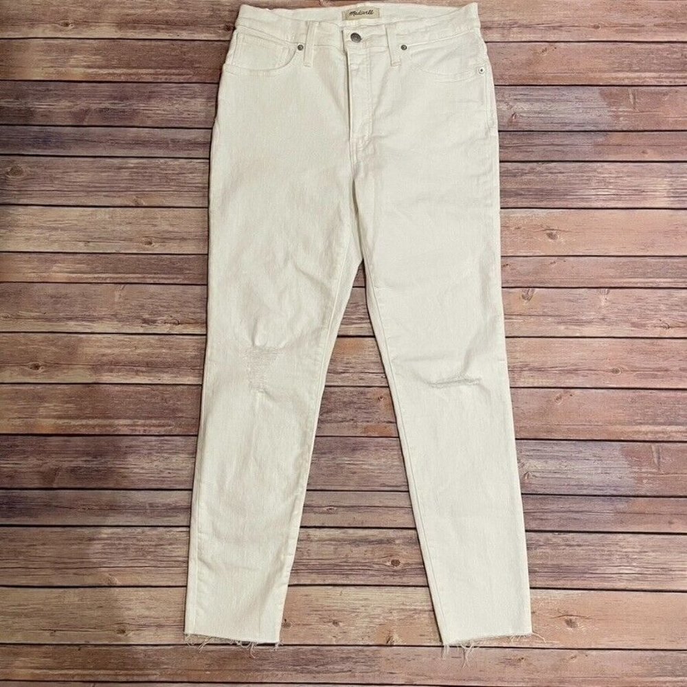 Madewell 9 Inch Mid Rise Skinny Crop Jeans Pure White Knee Rip Edition - Picture 2 of 13